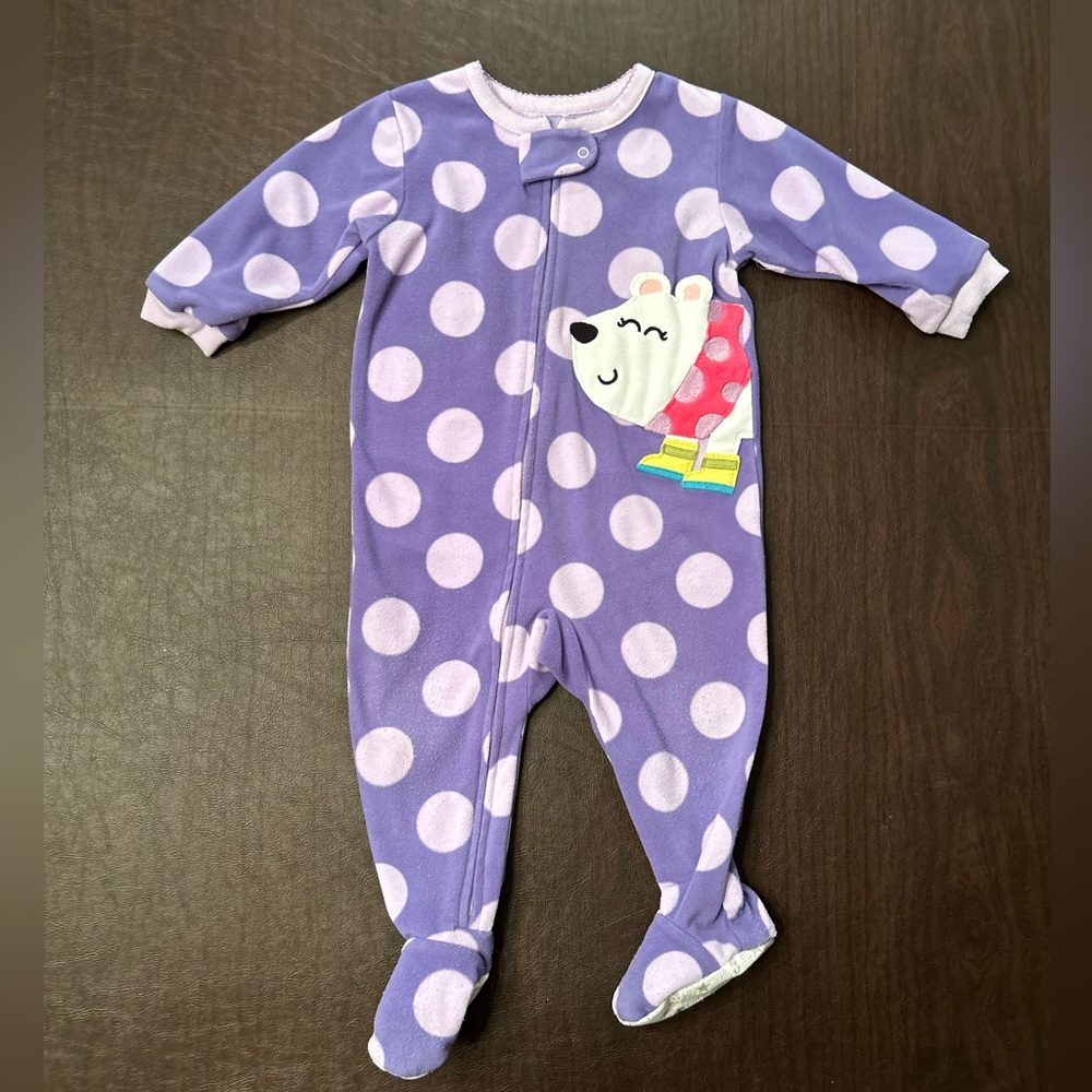 Carter’s Girls Size 12 Months Fleece Polar Bear Purple with Dots Footed Sleeper